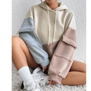 Cozy Color Block pockets Loose Fit Hoodie Sweatshirt Top XS S M L XL XXL